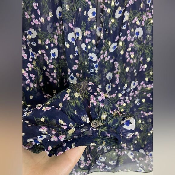 Isabel Marant Mia Silk Blue Midnight Blouse Floral Long Sleeve Size 4 - Picture 9 of 13